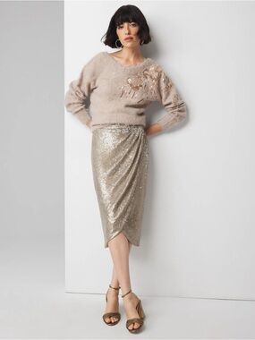 Sequin Wrap Pencil Skirt in Gold